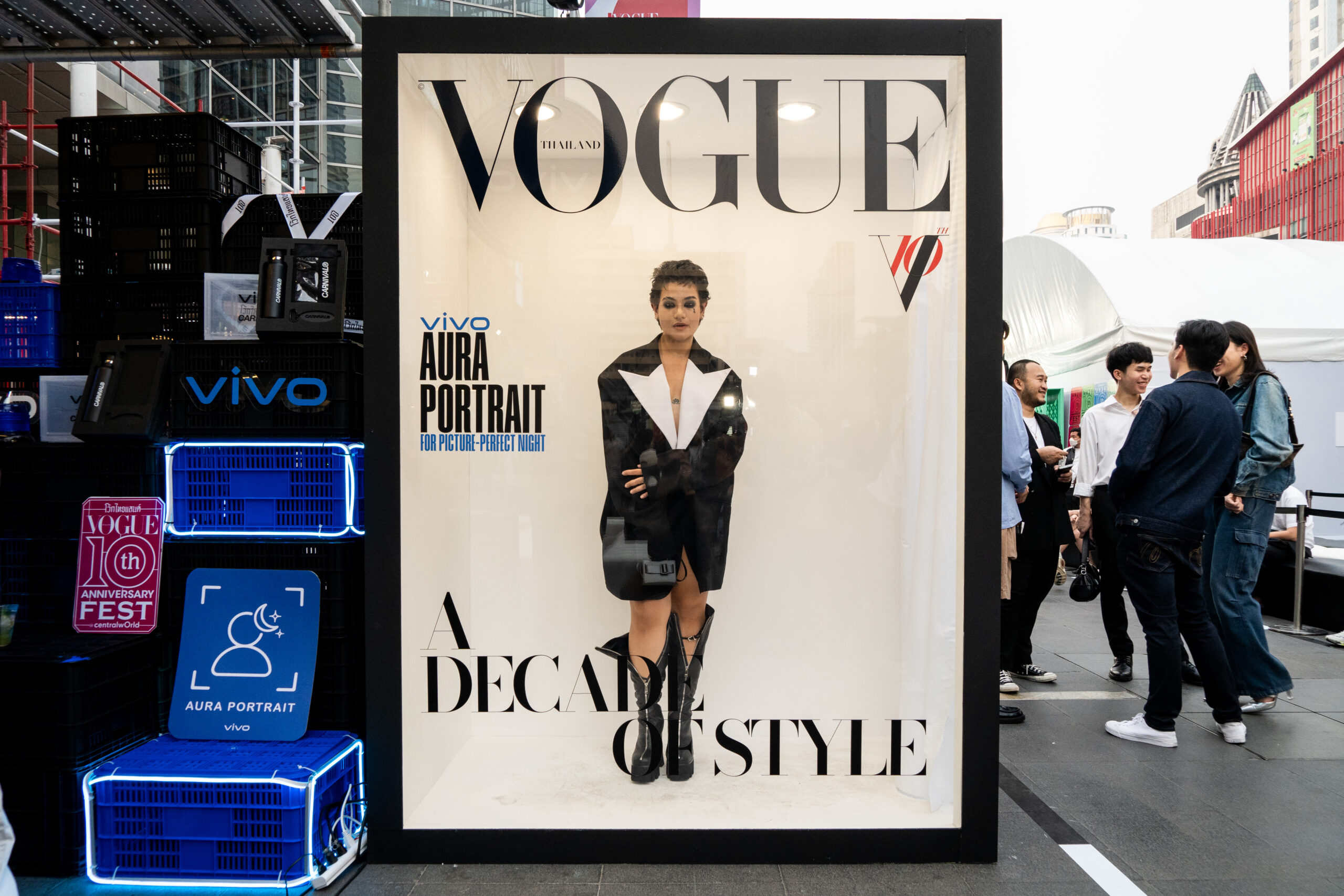 SILVY poses for a photo in a photo box magazine cover commemorating 'A Decade of Style' for VOGUE Thailand. VOGUE celebrates the 10th anniversary of its magazine in Thailand with a fashion show spotlighting Thai designers at Central World Square in Bangkok, Thailand, on March 10, 2023.